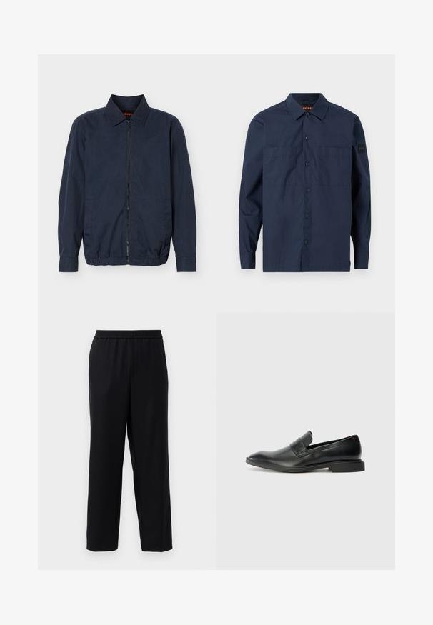 Veste légère zippée pour homme de couleur bleu marine avec col, manches longues, deux poches latérales et ourlet élastique.; Chemise bleu marine à manches longues avec boutons, deux poches poitrine et un col, marquée d’une petite étiquette « BOSS » sur la manche gauche.; Pantalons noirs avec une taille élastique, design à jambes droites et un tissu lisse et léger. Pas de poches visibles ni de motifs.; Mocassins en cuir noir avec une texture lisse, un nez pointu et un petit talon rectangulaire. Présente un détail de bande horizontale sur le dessus.