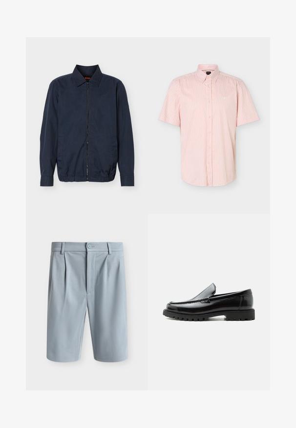Veste légère zippée pour homme de couleur bleu marine avec col, manches longues, deux poches latérales et ourlet élastique.; Chemise à manches courtes avec des rayures verticales roses et blanches et un petit logo brodé sur la poitrine.; Shorts bleu clair longueur genou avec plis devant, passants de ceinture, fermeture par bouton et finition de tissu propre et lisse.; Mocassin en cuir noir avec semelle en caoutchouc épaisse, dessus cousu et nom de marque embossé sur le talon, présenté de profil sur fond blanc.