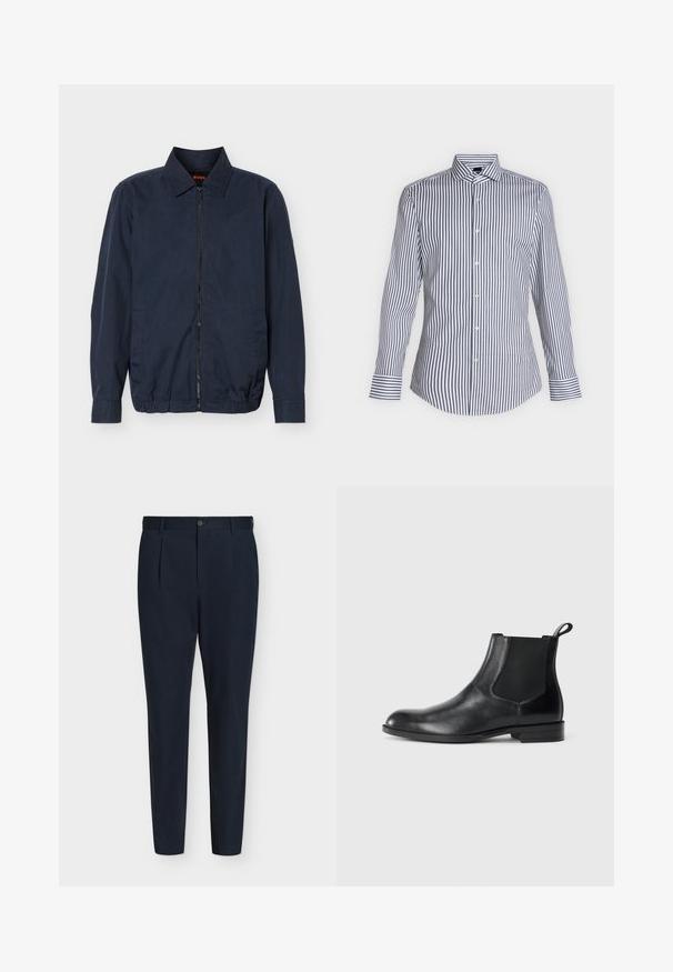 Veste légère zippée pour homme de couleur bleu marine avec col, manches longues, deux poches latérales et ourlet élastique.; Chemise blanche à manches longues avec fines rayures verticales noires, boutonnée sur le devant, avec col pointu, présentée sur un fond clair uni.; Pantalon bleu marine sur mesure coupe slim avec plis à l’avant, fermeture par bouton, passants de ceinture et jambes fuselées sur fond blanc.; Bottine en cuir noir avec des panneaux latéraux élastiques, bout rond et tirette. Texture lisse, semelle plate, design minimaliste.