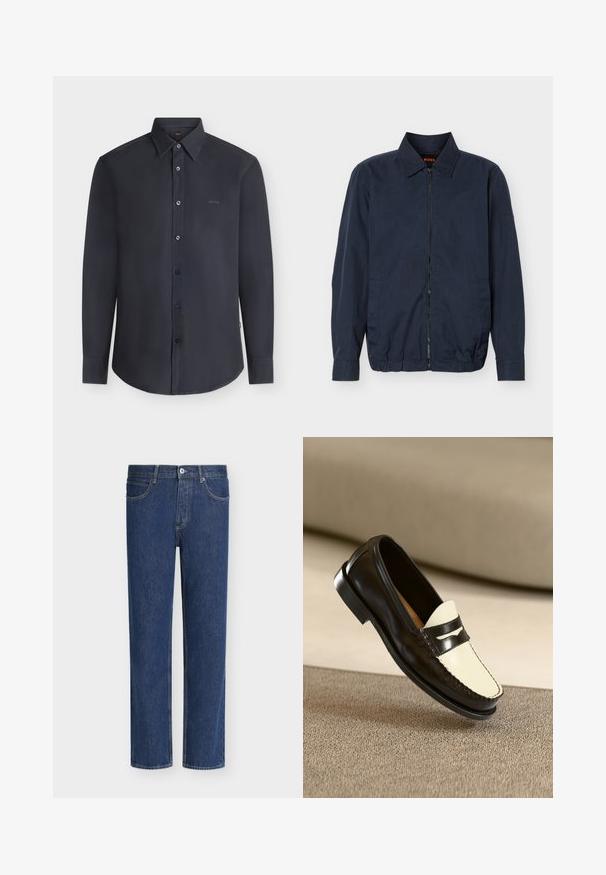 Veste légère zippée pour homme de couleur bleu marine avec col, manches longues, deux poches latérales et ourlet élastique.; Chemise noire à manches longues boutonnée avec col, avec le logo « BOSS » sur la poitrine, présentée sur un fond clair uni.; Jean en denim bleu à jambes droites avec fermeture par bouton et zip, poches avant et passants de ceinture sur fond blanc.; Mocassin en cuir noir avec un empeigne crème et des rayures noires, présentant un petit talon et des coutures détaillées le long des bords.