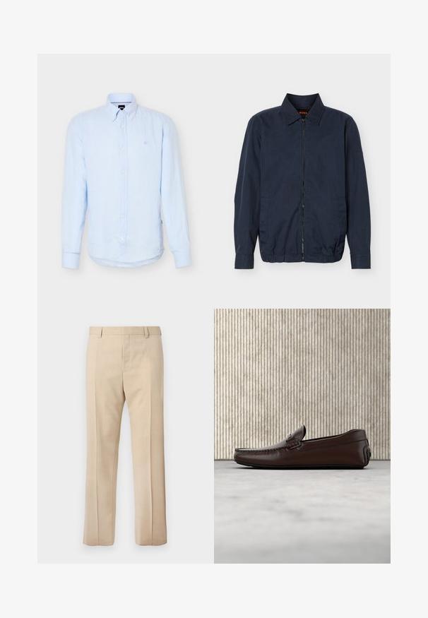 Veste légère zippée pour homme de couleur bleu marine avec col, manches longues, deux poches latérales et ourlet élastique.; Chemise bleu clair à manches longues avec boutons, col boutonné et logo délicatement brodé sur la poitrine gauche.; Pantalon beige sur mesure avec passants pour ceinture, pli devant et fermeture éclair dissimulée, présenté sur un fond uni.; Mocassins en cuir marron avec une finition lisse, des coutures de style mocassin, un bout rehaussé et une semelle en caoutchouc basse et flexible.