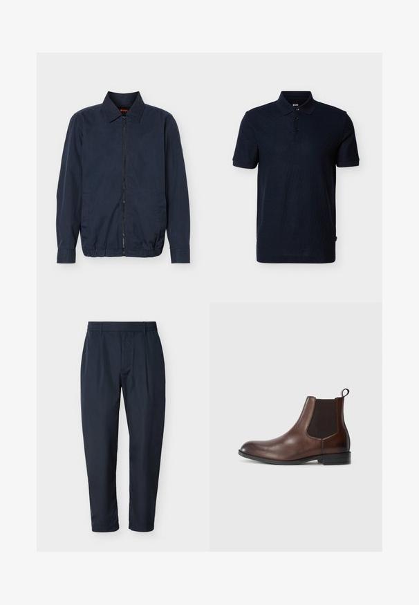 Veste légère zippée pour homme de couleur bleu marine avec col, manches longues, deux poches latérales et ourlet élastique.; Polo noir à manches courtes avec tissu texturé, trois boutons noirs et un col.; Pantalon droit bleu marine avec passants pour ceinture et plis sur le devant, présenté sur un fond blanc.; Bottines Chelsea en cuir marron avec des panneaux élastiques sur les côtés, bout arrondi, languette de tirage et un léger talon avec une semelle texturée.