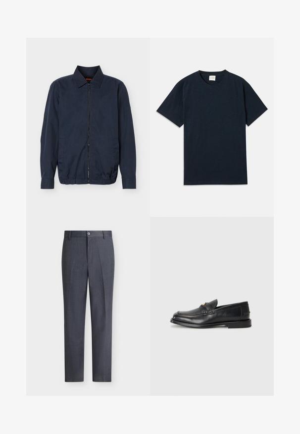 Veste légère zippée pour homme de couleur bleu marine avec col, manches longues, deux poches latérales et ourlet élastique.; T-shirt à manches courtes en bleu marine uni avec un petit logo embossé près de l'ourlet inférieur.; Pantalon habillé sur mesure gris foncé avec fermeture par bouton et zip, passants de ceinture et coupe droite sur fond blanc.; Des mocassins en cuir noir présentent un bout arrondi, des détails cousus et un petit accent doré à l'avant. La semelle est plate et discrète.