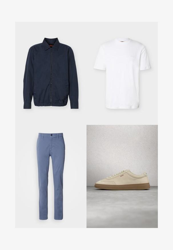 Chaqueta ligera para hombre de color azul marino con cierre de cremallera, cuello con solapa, mangas largas, dos bolsillos laterales y dobladillo elástico.; Camiseta blanca lisa de manga corta con cuello redondo y logo "BOSS" sutilmente en relieve en el lado izquierdo del pecho.; Pantalones rectos azules con cierre de botón y cremallera, trabillas para cinturón y bolsillos frontales, exhibidos sobre un fondo blanco.; Zapatilla de ante beige claro con suela de goma color caramelo, cordones prominentes y detalles de costura sutiles. Diseño limpio con una estética minimalista.