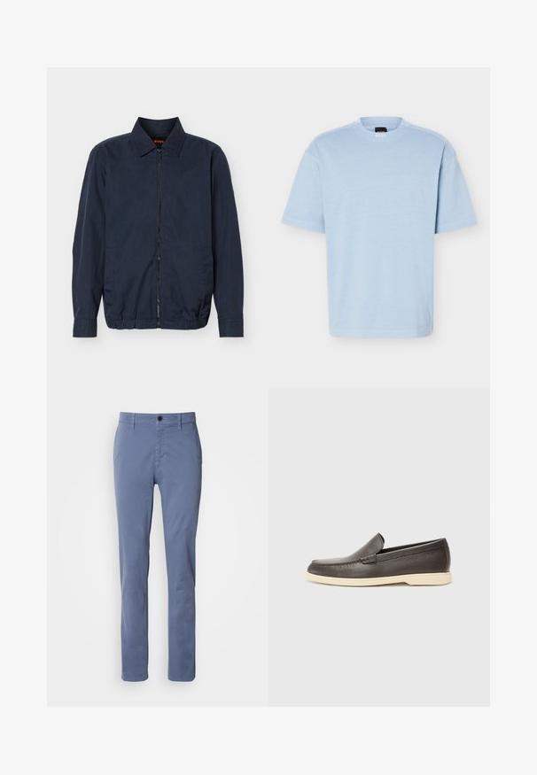 Herre letvægts jakke i marineblå med lynlås, krave, lange ærmer, to sidelommer og elastisk kant.; Lyseblå T-shirt med korte ærmer og rund hals, lavet af blødt stof og med en afslappet pasform. Den har et lille sort og orange mærke på indersiden af kraven.; Blå lige benbukser med knap- og lynlåslukning, bæltestropper og forlommer, præsenteret på en hvid baggrund.; Brune læder slip-on sko med en struktureret overflade og en kontrasterende lys beige sål, der har en rund tå og minimal syning.