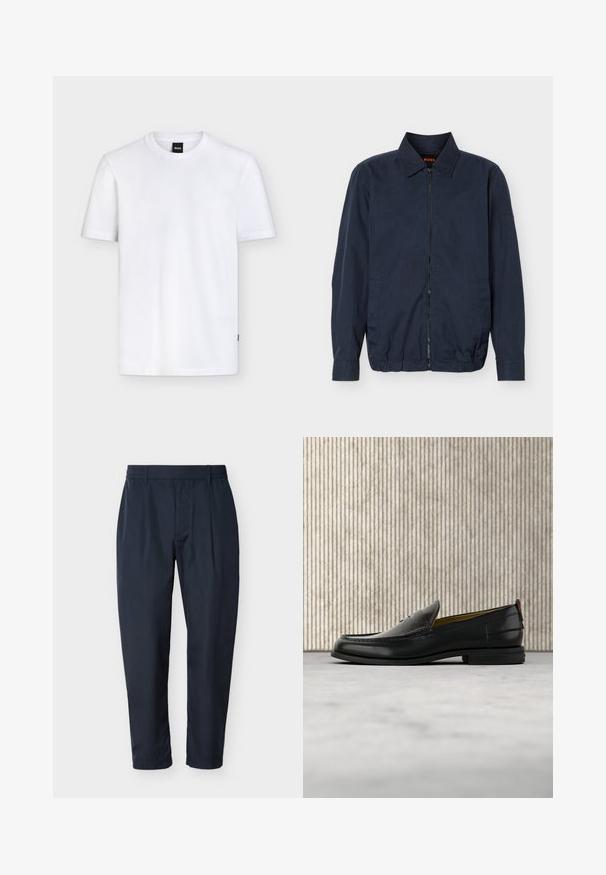 Chaqueta ligera para hombre de color azul marino con cierre de cremallera, cuello con solapa, mangas largas, dos bolsillos laterales y dobladillo elástico.; Camiseta blanca lisa de manga corta y cuello redondo con una pequeña etiqueta negra de la marca en el cuello y una textura sutil en la tela.; Pantalones de pierna recta en azul marino con trabillas para cinturón y pliegues delanteros, exhibidos sobre un fondo blanco.; Mocasín de cuero negro para hombre con empeine grabado en relieve de cocodrilo y tacón bajo, mostrado de perfil sobre un fondo neutro.