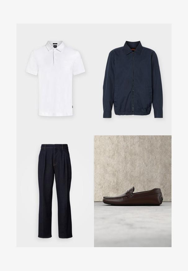 Lichte herenjas in marineblauw met rits, kraag, lange mouwen, twee zijzakken en elastische zoom.; Wit poloshirt met korte mouwen, kraag en drie knopen, met een subtiel "BOSS"-logo op de borst en een klein label aan de zijkant.; Donkerblauwe denim jeans met wijde pijpen, inclusief voorplooien en oranje stiksels, weergegeven op een witte achtergrond.; Bruine lederen instappers met een gladde afwerking, moccasin-stijl stiksels, een verhoogde neus en een lage, flexibele rubberen zool.