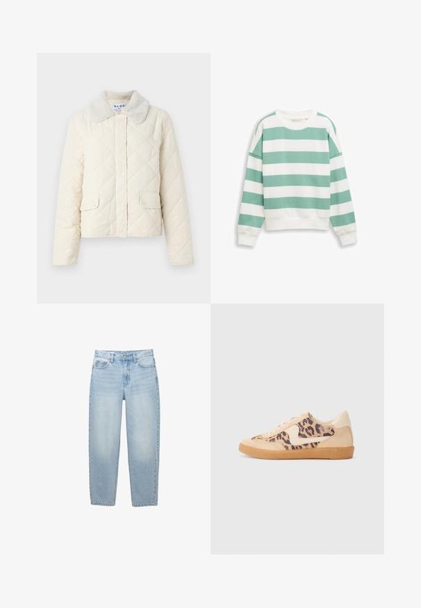 Cremefarvet quiltet jakke med en faux fur krave, trykknapper og to forneden lommer. Blød tekstur og cropped design.; Crewneck sweatshirt med brede, vandrette hvide og mintgrønne striber, lange ærmer samt ribstrikkede manchetter og kant.; Lyseblå jeans med høj talje og lige ben med forreste knap, lynlås lukning, bæltestropper og fem-lomme-design på hvid baggrund.; Leopardprint sneakers med beige ruskindsoverdel, tan gummisål og hvide detaljer. Rund pegefinger og snørebåndsdesign med en tekstureret finish.