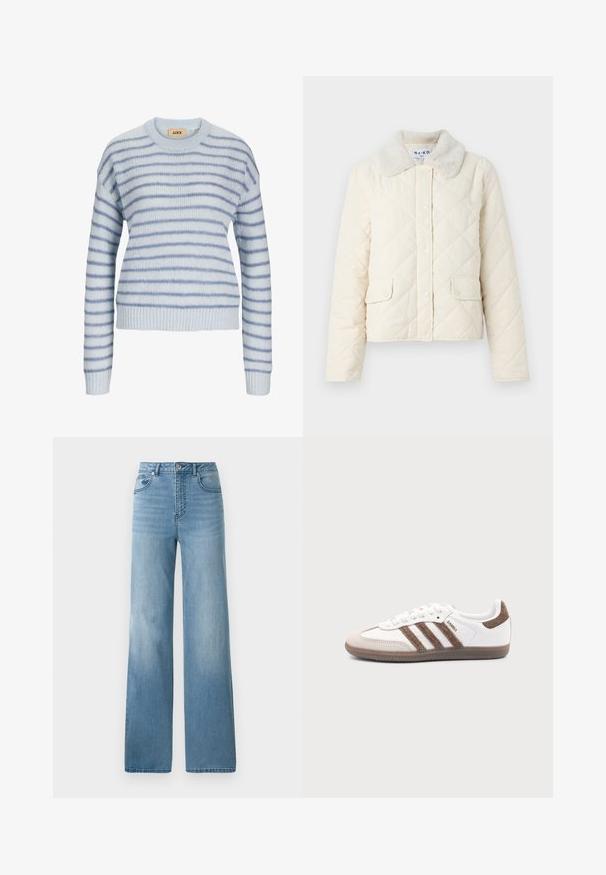 Cremefarvet quiltet jakke med en faux fur krave, trykknapper og to forneden lommer. Blød tekstur og cropped design.; Lys blå strikket sweater med vandrette striber i en mørkere blå. Har en rund halsudskæring og ribstrikkede manchetter og kant. Blød tekstur.; Lyseblå højtaljede jeans med lige ben. Fremstillet af denim, med fem lommer og knaplukning.; Hvid Adidas Samba sneaker med brune ruskindstriber, brun gummisål og beige ruskindståhætte, vist fra ydersiden på en ensfarvet baggrund.
