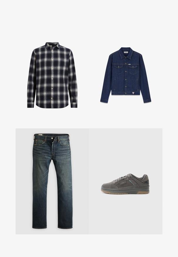 Mørkeblå denimjakke med knapper foran, to brystlommer med klap, sidelommer og et mærket trekantet logo nær kanten.; Marineblå og cremeplaid flannel skjorte med knapkrave, lange ærmer og beige knapper; har en blød tekstur og en struktureret form.; Mørkeblå denimbukser med lige snit, fem lommer og kobbernitter. Stoffet har en let falmet overflade, der viser struktur og korn.; Grå sneakers lavet af ruskind med en struktureret overdel, gummisål og diskrete brandingdetaljer. Lavprofil design med snørelukning.