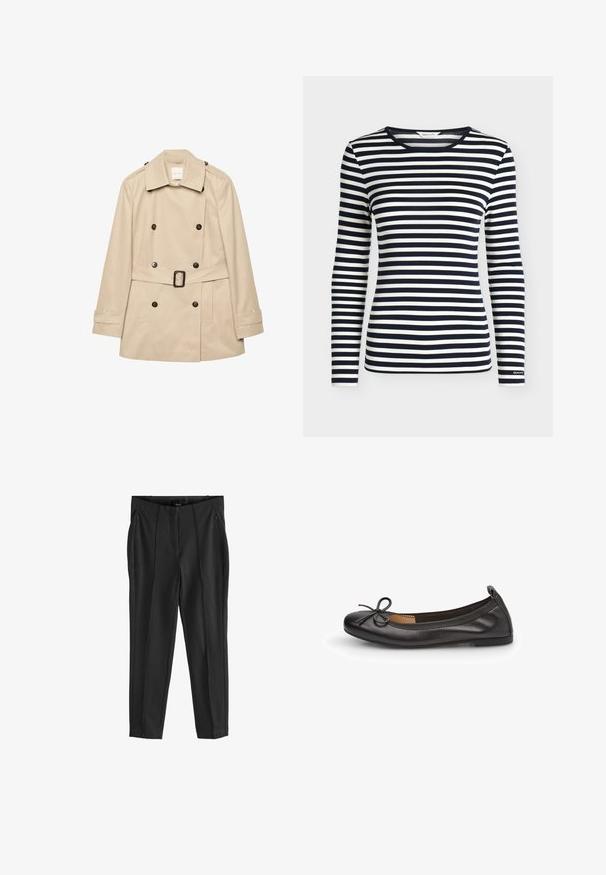 Beige dobbeltradet trenchcoat med bred krave, bælte med spænde, knapgylpede skulderstropper og knapmanchetter, vist fladt mod hvid baggrund.; Langærmet skjorte med navy og hvide horisontale striber og rund halsudskæring, mærket GANT på ærmekanten.; Sorte bukser med en glat tekstur, udstyret med lommer med lynlås foran og udtryksfulde folder. Minimalistisk design med en skræddersyet pasform.; Sorte læderballetsko med rund tå, slank sløjfedetalje foran og elastisk kant for en sikker pasform. Flad sål for komfort.
