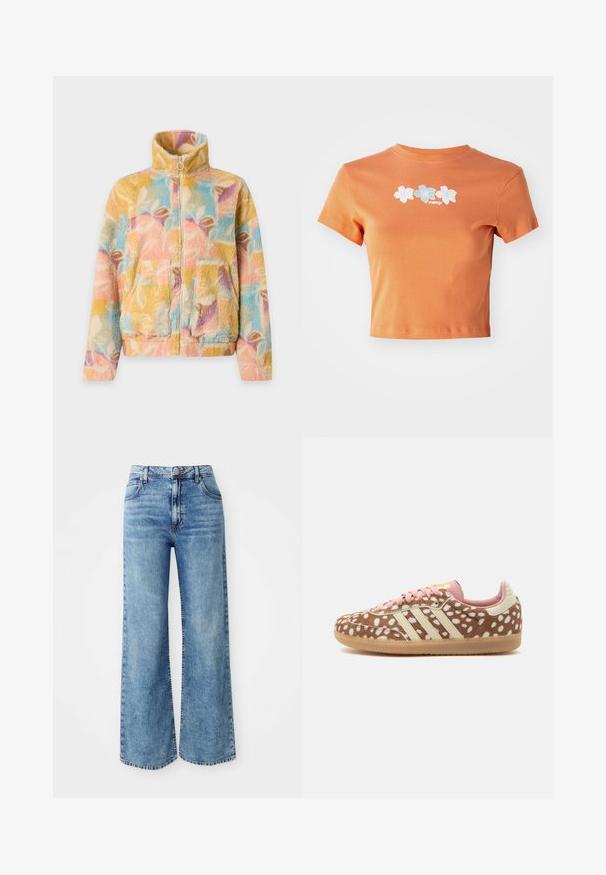 Fleecejack met hoge kraag en rits, met meerkleurige pastelkleurige abstracte bladpatronen en voorzakken met klep.; Korte, gecropte oranje t-shirt van katoen met korte mouwen, voorzien van witte en lichtblauwe geborduurde bloemen over de voorkant.; Lichtblauwe denim wijde broek met een hoge taille, voorzien van vijf zakken, sluiting met bovenste knop en contrasterende stiksels langs de naden.; Bruine en witte sneaker met beige strepen, roze veters, roze binnenkant en een zool in kauwgomkleur, zijaanzicht.