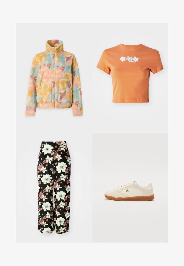Chaqueta de forro polar con cuello alto y cremallera, con patrones abstractos de hojas en colores pastel multicolor y bolsillos delanteros de parche.; Camiseta naranja recortada de algodón con mangas cortas, que presenta flores bordadas en blanco y azul claro en la parte delantera.; Pantalones negros con flores grandes en blanco, naranja y marrón, con un diseño suelto de pierna ancha y una tela suave y ligera.; Zapatillas blancas con acabado de ante, suela de goma y detalles de costura. Presentan un diseño de cordones y un pequeño logo en un lado.
