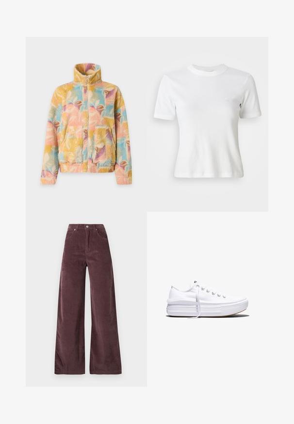 Veste polaire avec col montant et fermeture éclair, présentant des motifs abstraits de feuilles pastel multicolores et des poches plaquées devant.; T-shirt blance à manches courtes en côte, avec un col rond et un petit logo sur la poitrine. Fabriqué en tissu doux avec une coupe ajustée.; Pantalons large à taille haute en velours côtelé mauve foncé, dotés de poches avant et d'une fermeture par bouton.; Baskets basses blanches en toile avec semelle plateforme épaisse, lacets sur le devant et embout en caoutchouc texturé, vues de profil.