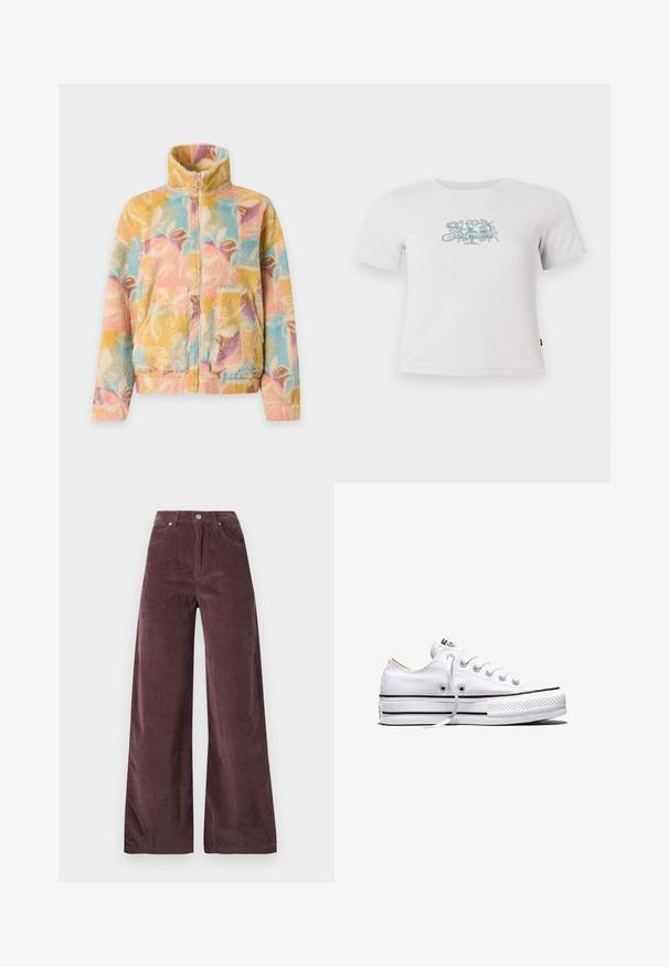Veste polaire avec col montant et fermeture éclair, présentant des motifs abstraits de feuilles pastel multicolores et des poches plaquées devant.; T-shirt blanche courte à côtes avec des manches courtes et un petit motif floral vert centré sur la poitrine.; Pantalons large à taille haute en velours côtelé mauve foncé, dotés de poches avant et d'une fermeture par bouton.; Baskets basses en toile blanche avec lacets blancs, bandes noires sur la semelle et embout en caoutchouc texturé, vue de côté sur fond blanc.