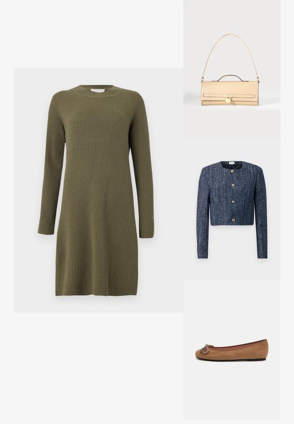 Lühikesed tumesinised pintsak, mis on valmistatud tekstureeritud kangast, ümmarguse kaeluse, kullavärvi nuppude ja pikkade varrukatega, millel on vormitud fit.; CLOSED CREW NECK DRESS LONG SLEEVE - Kampsunkleit - forest green; Pruun siidiselt pehme balletikingad ümarate mõõtudega varvastega, esiosal kaunistatud nöörisõlmega ning lame tallaga.; Beežist nahast ristkülikukujuline käekott kuldse kett- rihma, ülaosa käepideme ja kuldse luku sulgumisega.