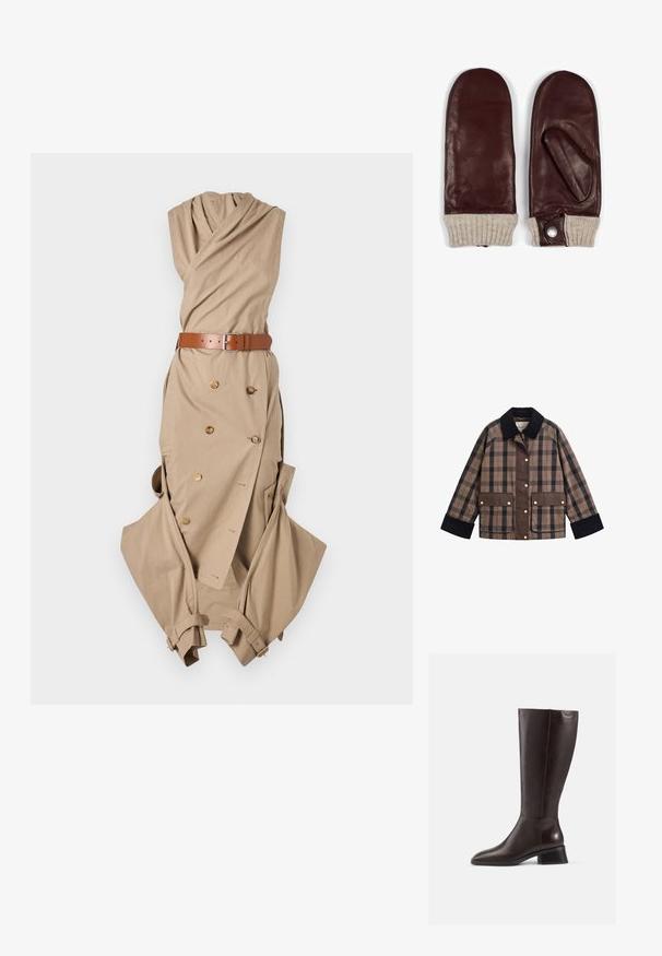 Bruin-zwart geruit jack met zwarte kraag en manchetten, knopen aan de voorkant, rits en twee klepzakken met knopen aan de voorkant.; Beige wikkeljurk met een geplooide halslijn, riem met zilveren gesp, dubbele knoopdetails en losse mouwen.; Kniehoge bruine leren laarzen met een gladde afwerking, ronde neus en een gestapelde zwarte hak. Eenvoudig ontwerp met minimale hardwaredetails.; Bruine leren wanten met een gebreide beige manchet, met een duimgedeelte, en een metalen knoopdetail aan één zijde.