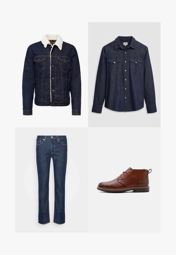 Denimjas in donkerblauwe kleur, met witte nepbont kraag, knoopsluiting, twee borstzakken en contrasterende stiksels.; Donkerblauw denimhemd met een puntige kraag, drukknoopsluiting en borstzakken. Heeft stikseldetail en lange mouwen.; Donkerblauwe rechte spijkerbroek met oranje stiksels, vijf zakken en een ritssluiting met knoop aan de voorkant.; Bruine leren enkellaars met veters aan de voorkant, lage hak en een trek lus aan de achterkant, getoond vanaf de buitenkant op een effen achtergrond.