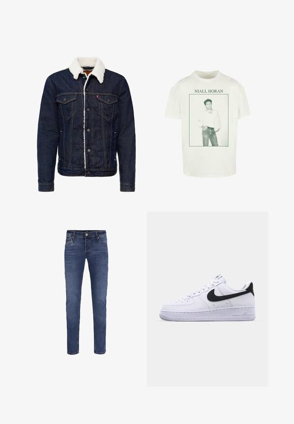 Veste en jean de couleur bleu foncé, col en fausse fourrure blanche, fermeture à boutons, deux poches poitrine et détails de couture contrastés.; T-shirt en coton blanc avec un imprimé graphique vert d'un homme dans un cadre photo, avec le texte "NIALL HORAN" au-dessus de l'image. Coupe décontractée.; Jeans en denim bleu slim-fit pour hommes avec fermeture à bouton et glissière, poches avant et arrière, et légers détails de décoloration.; Sneaker en cuir blanc avec un Swoosh noir texturé, des lacets plats et une semelle en caoutchouc avec un motif strié. "AIR" est embossé sur le talon.