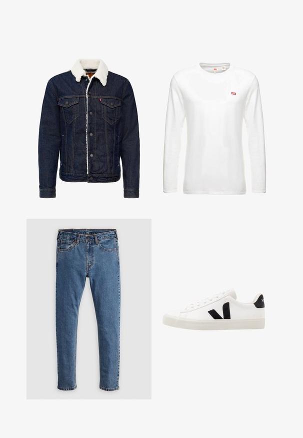Chaqueta de mezclilla de color azul oscuro, con cuello de piel sintética blanca, cierre de botones, dos bolsillos en el pecho y detalles de costura en contraste.; Camiseta de manga larga blanca hecha de algodón, con un escote redondo y un pequeño logo rojo de Levi's en el pecho. Diseño simple y clásico.; Jeans de mezclilla azul con corte recto, cinco bolsillos, costuras naranjas y un cierre clásico de botón y cremallera. Textura desgastada a lo largo de las piernas.; Zapatilla de cuero blanca con acentos de ante negro; presenta una suela de goma, puntera redonda y un diseño clásico de cordones. Logo lateral en negro.
