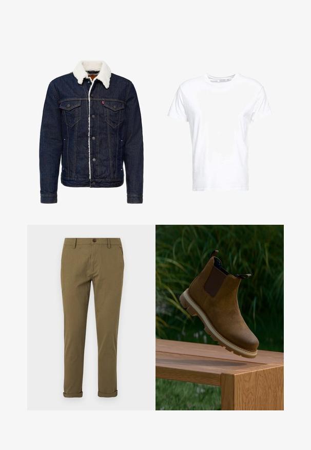 Chaqueta de mezclilla de color azul oscuro, con cuello de piel sintética blanca, cierre de botones, dos bolsillos en el pecho y detalles de costura en contraste.; Camiseta de algodón blanca con cuello redondo y mangas cortas, con un corte clásico y una textura suave. Sin patrones ni elementos metálicos visibles.; Pantalones chinos khaki de corte ajustado para hombre con trabillas para cinturón, cierre de botón, bolsillos laterales y puños doblados sobre fondo blanco.; Bota Chelsea de ante marrón con paneles laterales elásticos y suela robusta, suspendida sobre un banco de madera al aire libre con follaje verde de fondo.