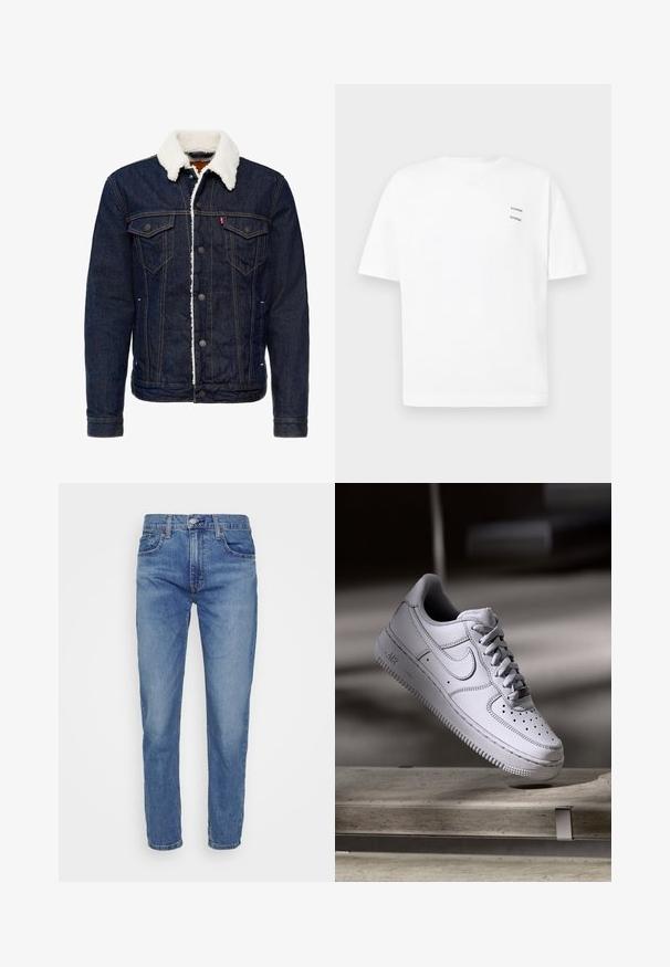 Veste en jean de couleur bleu foncé, col en fausse fourrure blanche, fermeture à boutons, deux poches poitrine et détails de couture contrastés.; T-shirt blanc en coton avec une coupe décontractée, des manches courtes et un col en V. Présente deux petits logos noirs imprimés sur le côté gauche.; Levi's® 502™ TAPER HI BALL - Jean slim - dolf bombay adv; La basket Nike Air Force 1 en cuir blanc présente un embout perforé, des lacets plats et une semelle en caoutchouc texturée avec le logo « AIR » sur le côté.