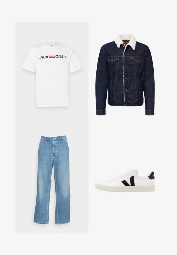 Denimjas in donkerblauwe kleur, met witte nepbont kraag, knoopsluiting, twee borstzakken en contrasterende stiksels.; Witte katoenen T-shirt met een groot zwart "JACK & JONES" logo en een rode doosaccent. Korte mouwen en een klassiek ronde halsontwerp.; Lichtblauwe wijde jeans gemaakt van denim. Heeft een hoge taille, knoopsluiting en een standaard vijf-pocket ontwerp. Gladde textuur.; Witte leren sneaker met zwarte suède accenten; voorzien van een rubberen zool, ronde neus en een klassieke vetersluiting. Zijkant met logo in het zwart.