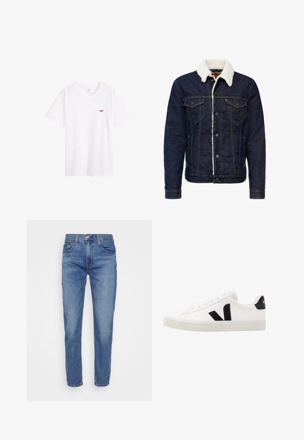 Veste en jean de couleur bleu foncé, col en fausse fourrure blanche, fermeture à boutons, deux poches poitrine et détails de couture contrastés.; T-shirt en coton blanc avec un col rond, des manches courtes et un petit logo rouge Levi’s sur la poitrine gauche. Texture lisse, coupe standard.; Levi's® 502™ TAPER HI BALL - Jean slim - dolf bombay adv; Sneaker blanche en cuir avec des accents en daim noir ; dispose d'une semelle en caoutchouc, d'un bout rond et d'un design classique à lacets. Logo latéral en noir.