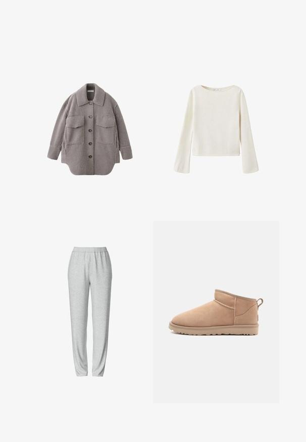 Chaqueta sherpa gris con botones, grandes bolsillos frontales y cuello vuelto sobre fondo blanco.; Jersey de manga larga color blanco hueso con un amplio escote redondo y mangas ligeramente acampanadas, hecho de tejido de punto suave.; Pantalones de chándal grises con una cinturilla elástica, diseño de pierna ajustada, textura suave y sin patrones visibles ni detalles de hardware.; Botín de ante color marrón claro con punta redondeada, textura suave, diseño simple y suela de goma de perfil bajo. Presenta una lengüeta en la parte posterior.