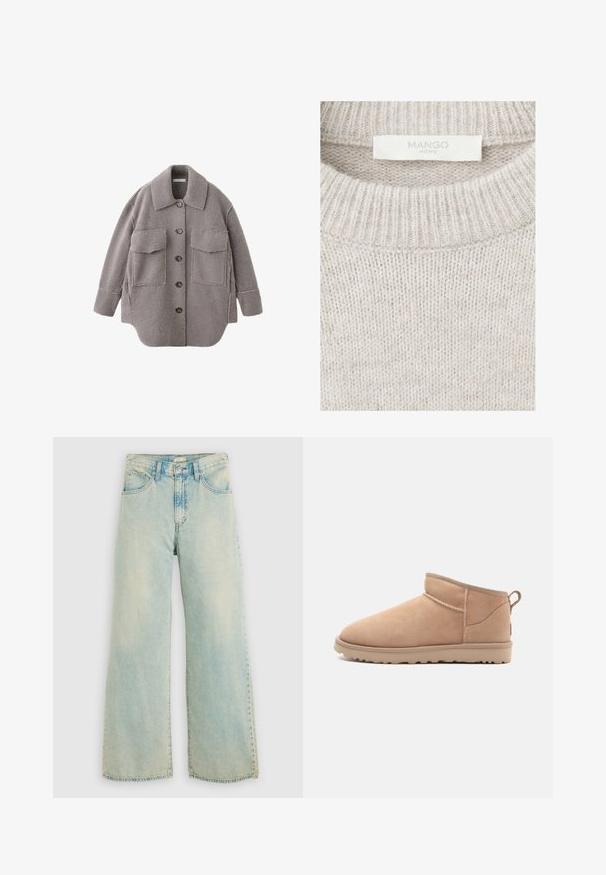 Chaqueta sherpa gris con botones, grandes bolsillos frontales y cuello vuelto sobre fondo blanco.; Suéter beige de punto con cuello redondo acanalado y etiqueta de tela blanca con la inscripción "MANGO HOME" cosida en el interior del cuello.; Jeans de mezclilla azul claro de pierna ancha con cintura alta, acabado desgastado, diseño de cinco bolsillos y piernas de corte recto con dobladillo sin rematar.; Botín de ante color marrón claro con punta redondeada, textura suave, diseño simple y suela de goma de perfil bajo. Presenta una lengüeta en la parte posterior.