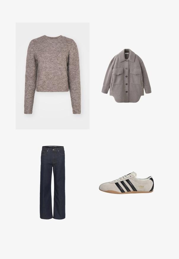 Chaqueta sherpa gris con botones, grandes bolsillos frontales y cuello vuelto sobre fondo blanco.; Suéter corto color marrón claro, con mangas largas, escote redondo y un tejido de punto texturizado. Sin patrones visibles ni detalles de herrajes.; Jeans de mezclilla oscura de pierna ancha con cintura alta, que cuentan con cinco bolsillos, costuras en contraste y un dobladillo sin terminar en la parte inferior.; Zapatilla de ante con parte superior gris, franjas negras y suela de goma. Cuenta con cierre de cordones y un detalle del logo en dorado en el lateral.