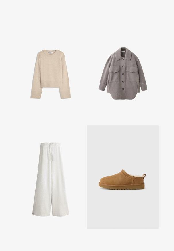Grijs sherpa jack met knopen, grote voorzakken en een spreidkraag op een witte achtergrond.; Beige cropped sweater gemaakt van zacht breimateriaal. Heeft een ronde halslijn, lange mouwen en geribde boorden en onderkant voor extra textuur.; Lichtgrijze broek met wijde pijpen, elastische tailleband en trekkoord, gemaakt van zacht stof geschikt voor casual draagcomfort.; Bruine suede instap schoen met een zachte, witte bontvoering, vlakke rubberen zool, ronde neus en een kleine trekflap aan de hiel.