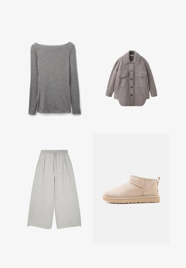 Grijs sherpa jack met knopen, grote voorzakken en een spreidkraag op een witte achtergrond.; Grijze nauwsluitende top met lange mouwen en een brede boothals, gemaakt van zachte, lichte gebreide stof.; Lichtgrijze broek met wijde pijpen, een elastische tailleband, trekkoord, zijzakken en een losse, ontspannen pasvorm.; Beige suède enkellaarsje met platte zool, zichtbare stiksels en een trekbandje aan de achterkant tegen een effen witte achtergrond.