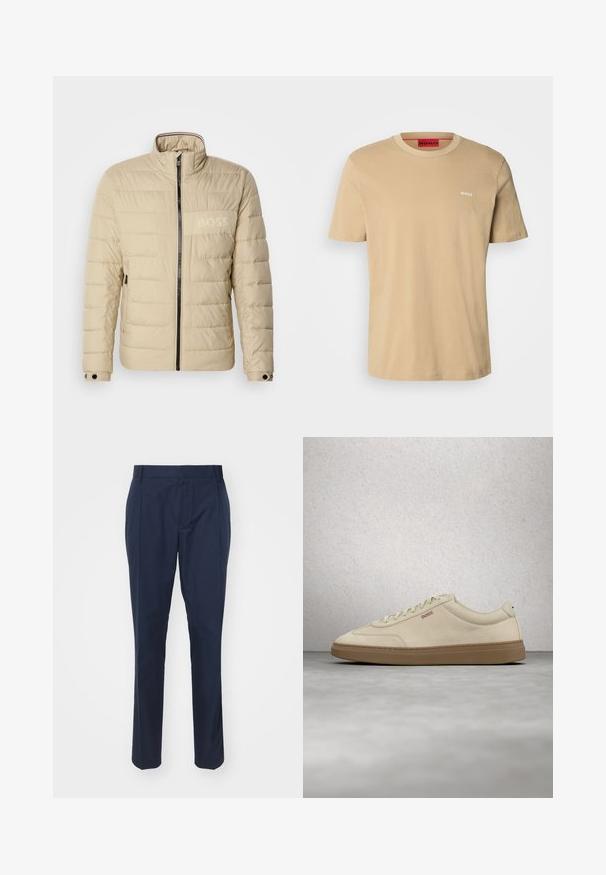 Beige gepolsterte Jacke mit hohem Kragen, horizontalen Nähten, zwei seitlichen Taschen und einem schwarzen Reißverschluss, der ein dezentes "BOSS"-Logo auf der Brust trägt.; Beige Baumwoll-T-Shirt mit Rundhalsausschnitt, kurzen Ärmeln und einem kleinen weißen "HUGO"-Logo auf der Brust. Glatte Textur ohne Muster.; Navyblaue Hose aus glattem Stoff mit taillierter Passform, zwei Fronttaschen und einer Bügelfalte an jedem Bein für einen eleganten Look.; Hellbeiger Wildledersneaker mit Gummisohle, auffälligen Schnürsenkeln und dezenten Nahtdetails. Sauberes Design mit minimalistischem Ästhetik.