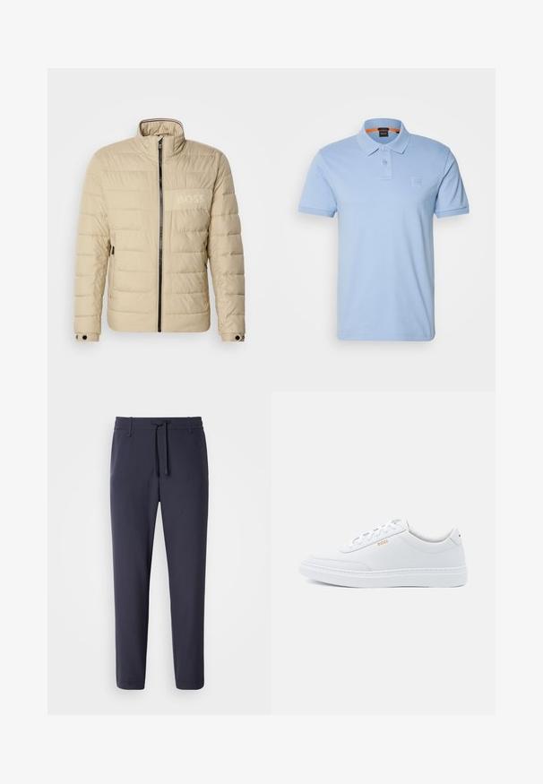 Chaqueta acolchada beige con un alto cuello, costuras horizontales, dos bolsillos laterales y una cremallera negra, con un discreto logo "BOSS" en el pecho.; Polo de color azul claro hecho de algodón. Presenta un cuello clásico, dos botones y un pequeño parche de logo en el pecho. Mangas cortas.; Pantalones de chándal azul marino con cintura elástica y cordón. Hechos de un material suave, con piernas ajustadas y sin bolsillos visibles.; Zapatillas de cuero blanco con textura suave, puntera redondeada y costuras tonales. Cuentan con cordones azules y un logo dorado en el lateral.