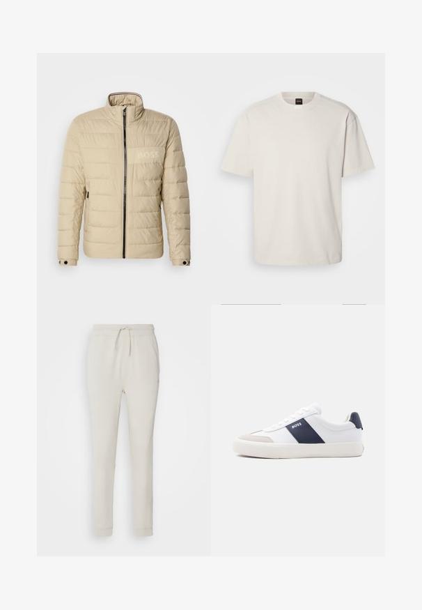 Chaqueta acolchada beige con un alto cuello, costuras horizontales, dos bolsillos laterales y una cremallera negra, con un discreto logo "BOSS" en el pecho.; Camiseta de manga corta y cuello redondo en algodón color blanco roto, con un corte recto y un logo minimalista en el cuello. Textura suave, sin patrones.; Pantalones deportivos de color beige claro, hechos de una suave tela texturizada. Cuentan con una cinturilla con cordón, puños acanalados y bolsillos laterales. Ajuste entallado.; Zapatilla blanca de corte bajo con raya lateral azul marino, logo "BOSS", puntera beige y suela blanca, mostrada de perfil sobre un fondo claro.