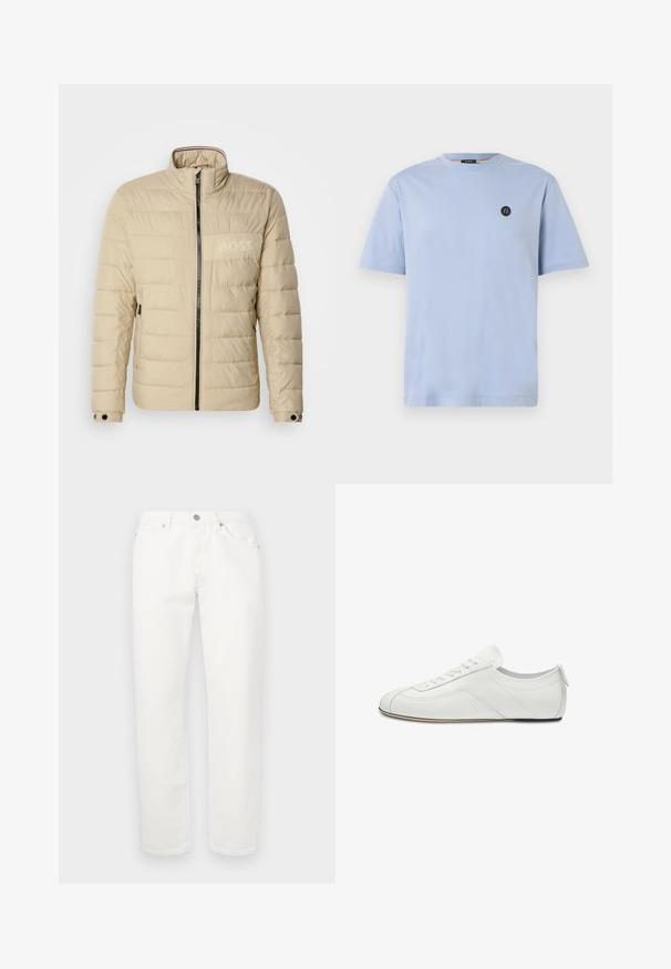 Beige gewatteerde jas met een hoge kraag, horizontale stiksels, twee zijzakken en een zwarte rits, met een subtiele "BOSS" logo op de borst.; Lichtblauw katoenen T-shirt met een ronde hals, korte mouwen en een klein zwart rond logo op de borst. Glad oppervlak, losse pasvorm.; Witte denim broek met een recht gesneden ontwerp. Voorzien van een traditionele vijf-pocketindeling, metalen knoopsluiting en een lichte textuur.; Witte lage leren sneaker met vetersluiting aan de voorkant, subtiele stiksel details en een platte, dunne zool, zijaanzicht.