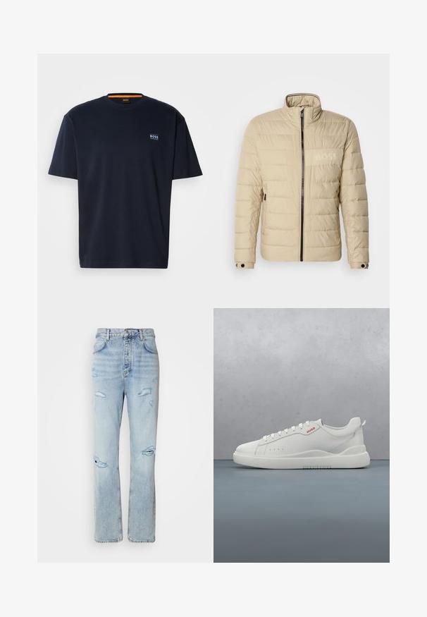 Chaqueta acolchada beige con un alto cuello, costuras horizontales, dos bolsillos laterales y una cremallera negra, con un discreto logo "BOSS" en el pecho.; Camiseta de algodón azul marino con cuello redondo. Presenta un pequeño logo en el pecho y un acento naranja en contraste en el cuello. Mangas cortas.; Jeans de mezclilla de lavado claro con un corte relajado, que presentan áreas desgastadas y bordes deshilachados. La tela tiene una textura suave y lisa.; Zapatilla blanca con un acabado de cuero liso, punta redonda, cuatro ojales, perforaciones sutiles y un detalle de logo rojo en el lateral.