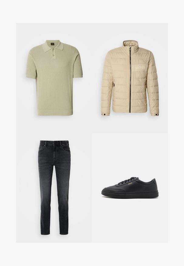 Veste rembourrée beige avec un col montant, des coutures horizontales, deux poches latérales et une fermeture éclair noire, arborant un subtil logo "BOSS" sur la poitrine.; Polo shirt vert clair à côtes avec des manches courtes, présentant une patte de boutonnage et un col plat. Texture en tricot doux avec une coupe ajustée.; Jean en denim noir à coupe slim, avec une taille mi-haute, un design classique à cinq poches et un léger dégradé sur les jambes.; Baskets en cuir noir avec une texture lisse, bout rond, semelle en caoutchouc plate et lacets ton sur ton. Présente une marque "BOSS" dorée sur le côté.