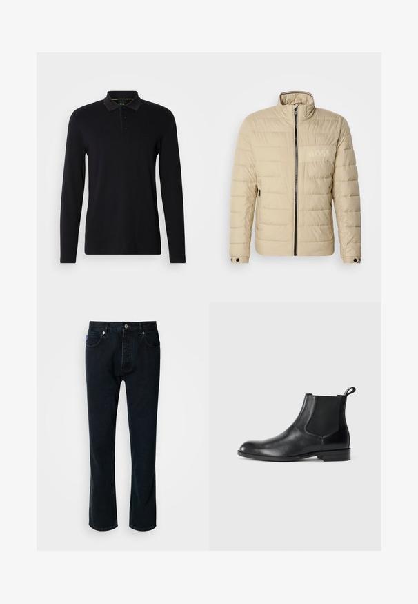 Chaqueta acolchada beige con un alto cuello, costuras horizontales, dos bolsillos laterales y una cremallera negra, con un discreto logo "BOSS" en el pecho.; Polo negro de manga larga hecho de tela suave. Cuenta con un cuello, una tapeta con tres botones y un sutil logo en el pecho.; HUGO JONAH - Vaqueros rectos - dark blue; Botín negro de cuero hasta el tobillo con paneles elásticos a los lados, punta redondeada y lengüeta. Textura suave, suela plana, diseño minimalista.
