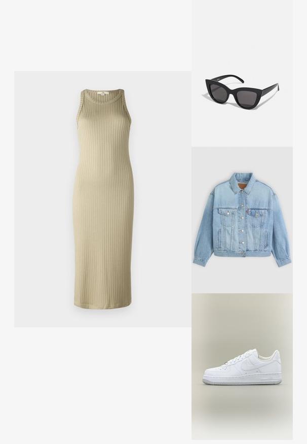 Lys blå denimjakke med klassisk krave, knaplukning, to brystlommer, afslappet pasform og synlige syningsdetaljer.; Ribbet, beige midi kjole med en tætsiddende silhuet, ærmeløs design og rund halsudskæring; lavet af blødt, strækbart materiale.; Hvid Nike Air Force 1 sneaker med lavt skaft, snørebånd, perforeret tå og tekstureret gummisål på neutral baggrund.; Sorte cat-eye solbriller med mat finish, der har grå tonede linser, skarpe vinkler og slanke sidearme. Mærkenavnet er synligt på den indre arm.