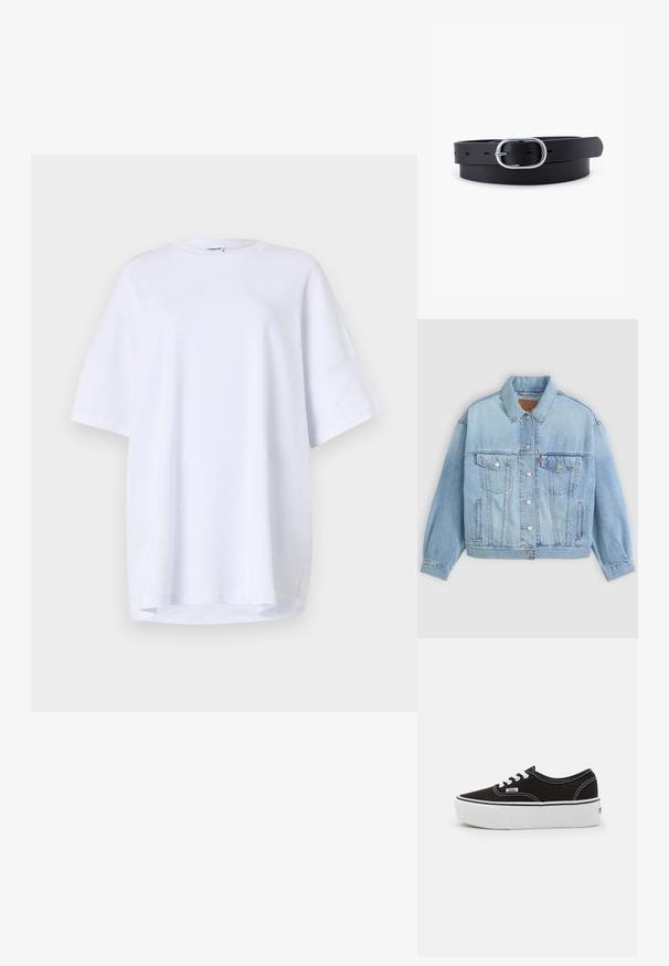 Lys blå denimjakke med klassisk krave, knaplukning, to brystlommer, afslappet pasform og synlige syningsdetaljer.; Kortærmet, oversized hvid t-shirt lavet af bomuld. Rund halsudskæring, sidesprækker ved kanten og glat tekstur uden synlige mønstre eller detaljer.; Sort lærred sneakers med en hvid gummi platform sål, der har hvide snørebånd og syninger, ikonisk branding på siden, lav-top design.; Sort læderbælte med en glat overflade, oval sølvmetalspænde og flere justeringshuller langs stroppen. Flad, minimalistisk design.