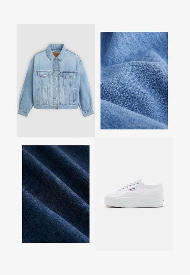 Hellblaue Jeansjacke mit klassischem Kragen, Knopfverschluss, zwei Brusttaschen, lässiger Passform und sichtbaren Nähten.; Blauer Denim-Stoff mit einer weichen Textur, der ein enges Webmuster und dezente Farbvariationen aufweist. Faltenoptik mit Knitterung.; Dunkelblauer Jeansstoff mit einer glatten Textur, der sichtbare diagonale Webmuster sowie subtile Farb- und Glanzvariationen aufweist.; Weiße Leinenschuhe mit einer dicken weißen Plattformsohle, runder Zehenpartie und Metallösen für die Schnürsenkel. Markenlogo an der Seite angebracht.