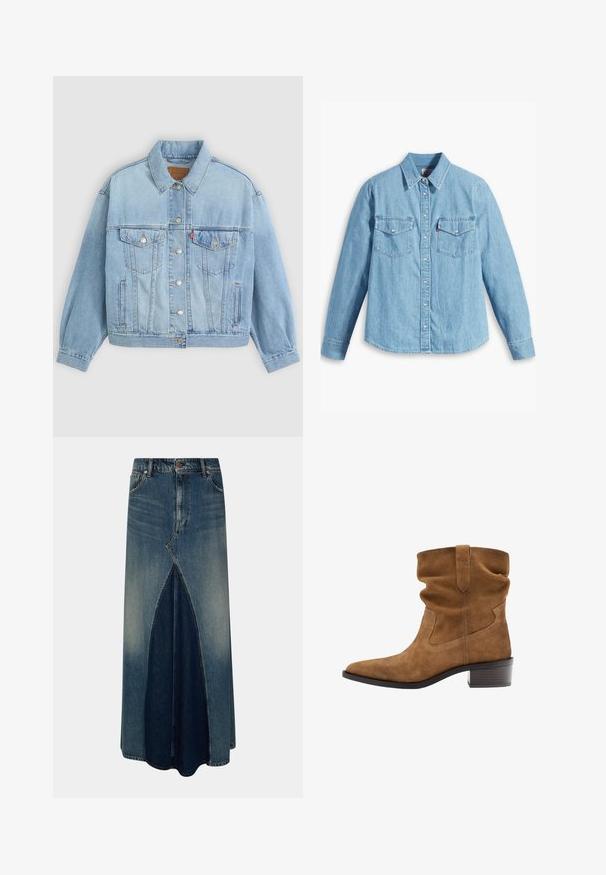 Veste en denim bleu clair avec un col classique, fermeture boutonnée, deux poches poitrine, coupe décontractée et détails de couture visibles.; Chemise en denim bleu clair à manches longues, col pointu, deux poches poitrine, patte de boutonnage et texture subtile. Pas de motifs visibles.; Jupe maxi en denim bleu avec pli inversé à l'avant, passants de ceinture, fermeture par bouton et zip, et délavage pâli.; Botte mi-mollet en daim marron avec tige souple, bout pointu, languette et talon bas empilé, sur fond blanc.