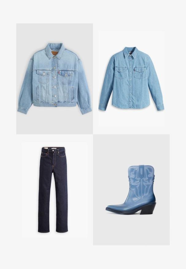 Lys blå denimjakke med klassisk krave, knaplukning, to brystlommer, afslappet pasform og synlige syningsdetaljer.; Lyseblå denimskjorte med lange ærmer, spidse krave, to brystlommer, knaplukning og subtil tekstur. Ingen synlige mønstre.; Mørkeblå straight-leg denim jeans med fem lommer og synlig orange syning på hvid baggrund.; Blå gummikspænderstøvle med spids tå, dekorativ syning og sort kilehæl. Høj skafter med et struktureret mønster.