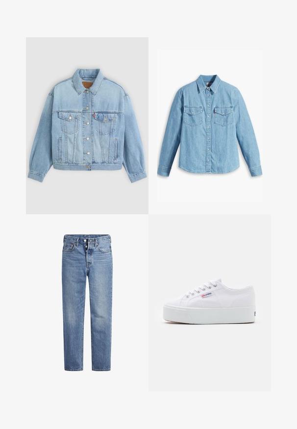 Veste en denim bleu clair avec un col classique, fermeture boutonnée, deux poches poitrine, coupe décontractée et détails de couture visibles.; Chemise en denim bleu clair à manches longues, col pointu, deux poches poitrine, patte de boutonnage et texture subtile. Pas de motifs visibles.; Jeans en denim bleu clair avec une coupe droite, un design à cinq poches et un bouton pression. Présentent une légère décoloration et des coutures orange en accent.; Baskets en toile blanches avec une épaisse semelle plateforme blanche, bout rond et œillets en métal pour les lacets. Logo de la marque affiché sur le côté.