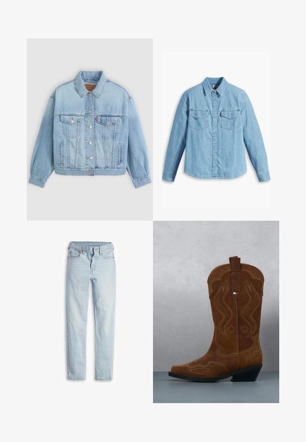 Lichtblauwe denim jacket met een klassieke kraag, knoopsluiting, twee borstzakken, een ontspannen pasvorm en zichtbare stiksels.; Lichtblauwe spijker blouse met lange mouwen, puntige kraag, twee borstzakken, knoopsluiting en subtiele textuur. Geen zichtbare patronen.; Lichtblauwe denim jeans met een hoge taille, vijf zakken, knoopsluiting en rechte pijpen. Heeft subtiele vervagingen en een gestructureerde afwerking.; Bruine suède cowboylaars met decoratieve stiksels en een vlagembleem op de schacht, staande op een houten lattenvloer buiten.