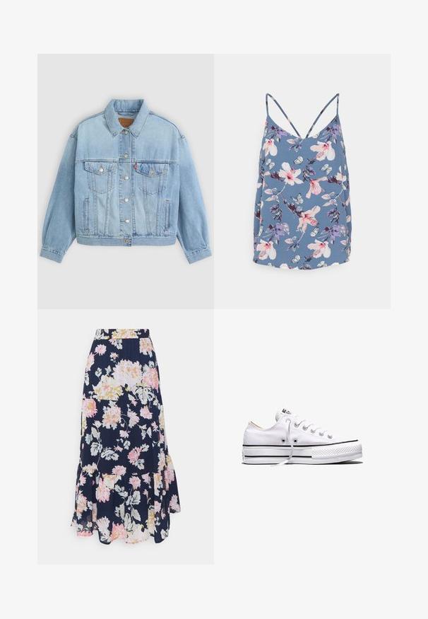 Lichtblauwe denim jacket met een klassieke kraag, knoopsluiting, twee borstzakken, een ontspannen pasvorm en zichtbare stiksels.; Bloemige top in blauwe stof, met roze en paarse bloemen en vlinders. Dunne bandjes en een relaxde pasvorm.; ONLY Tall ONLSTAR LIFE MAXI SKIRT - A-lijn rok - night sky star garden flower; Witte lage canvas sneaker met witte veters, zwarte strepen op de zool en een rubberen, getextureerde neuskap, zijaanzicht op een witte achtergrond.