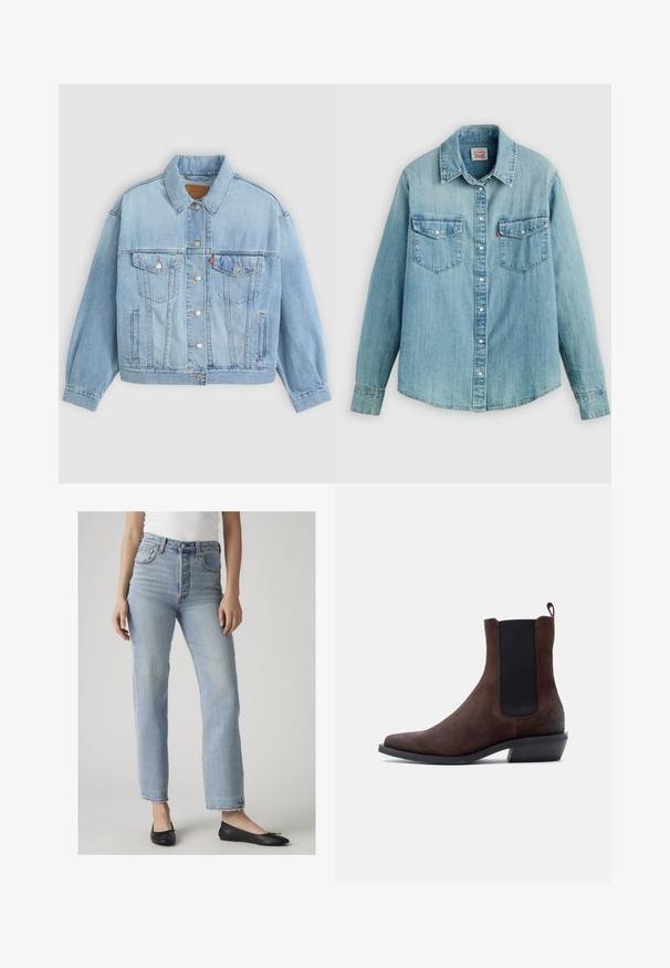Lys blå denimjakke med klassisk krave, knaplukning, to brystlommer, afslappet pasform og synlige syningsdetaljer.; Lyseblå denimskjorte med klassisk krave, knaplukning foran, to brystlommer og manchetter med knap samt en let buet kant forneden.; Kvinde iført lyseblå jeans med høj talje og lige ben samt sorte balletsko, stående mod en ensfarvet lys baggrund.; Brun ruskind Chelsea-støvle med sort elastisk sidepanel, trækflig bagpå, lav hæl og spids tå på hvid baggrund.