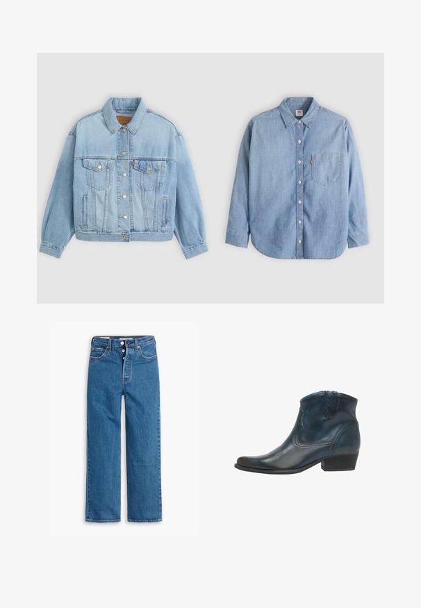Lys blå denimjakke med klassisk krave, knaplukning, to brystlommer, afslappet pasform og synlige syningsdetaljer.; Lyseblå denimskjorte med button-down-krave, forlompe og lange ærmer. Har en buet kant og en subtil tekstur.; Blå denim lige ben jeans med høj talje, fem lomme design og knaplukning. Markante syninger og kobberfarvede nitter.; Cowboy ankel støvler lavet af mørkeblåt læder, med spidse tæer, buede detaljer og en lav, stablet hæl med subtile syninger.